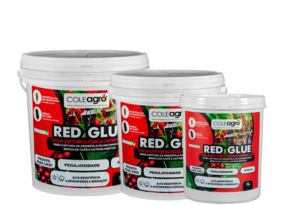 Cola Entomológica Vermelha Red Glue Red Glue é uma cola vermelha líquida de pronto uso, indicada para produção de armadilhas, monitoramento e captura massiva da Drosophila da asa manchada(Drosophila suzukii).