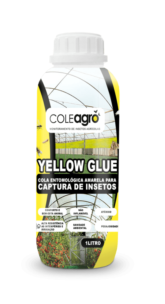 Yellow Glue Cola Entomológica AMARELA Captura Massiva de Insetos Voadores Yellow Glue é uma cola Amarela líquida pronta para uso, indicada para o preparo de armadilhas adesivas de grande porte para monitoramento e captura massiva de insetos voadores que são pragas no Agronegócio.