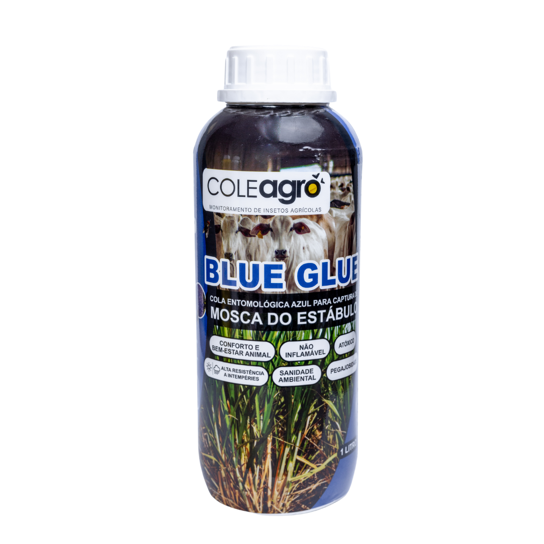 Cola Entomológica Azul Blue Glue: É indicada para a preparação de painéis adesivos para o monitoramento e controle das Moscas do Estábulo em unidades criadoras de animais de corte ou produtoras de leite e usinas sucroalcooleiras. Também é recomendada para o controle de pragas em culturas de hortaliças e flores.