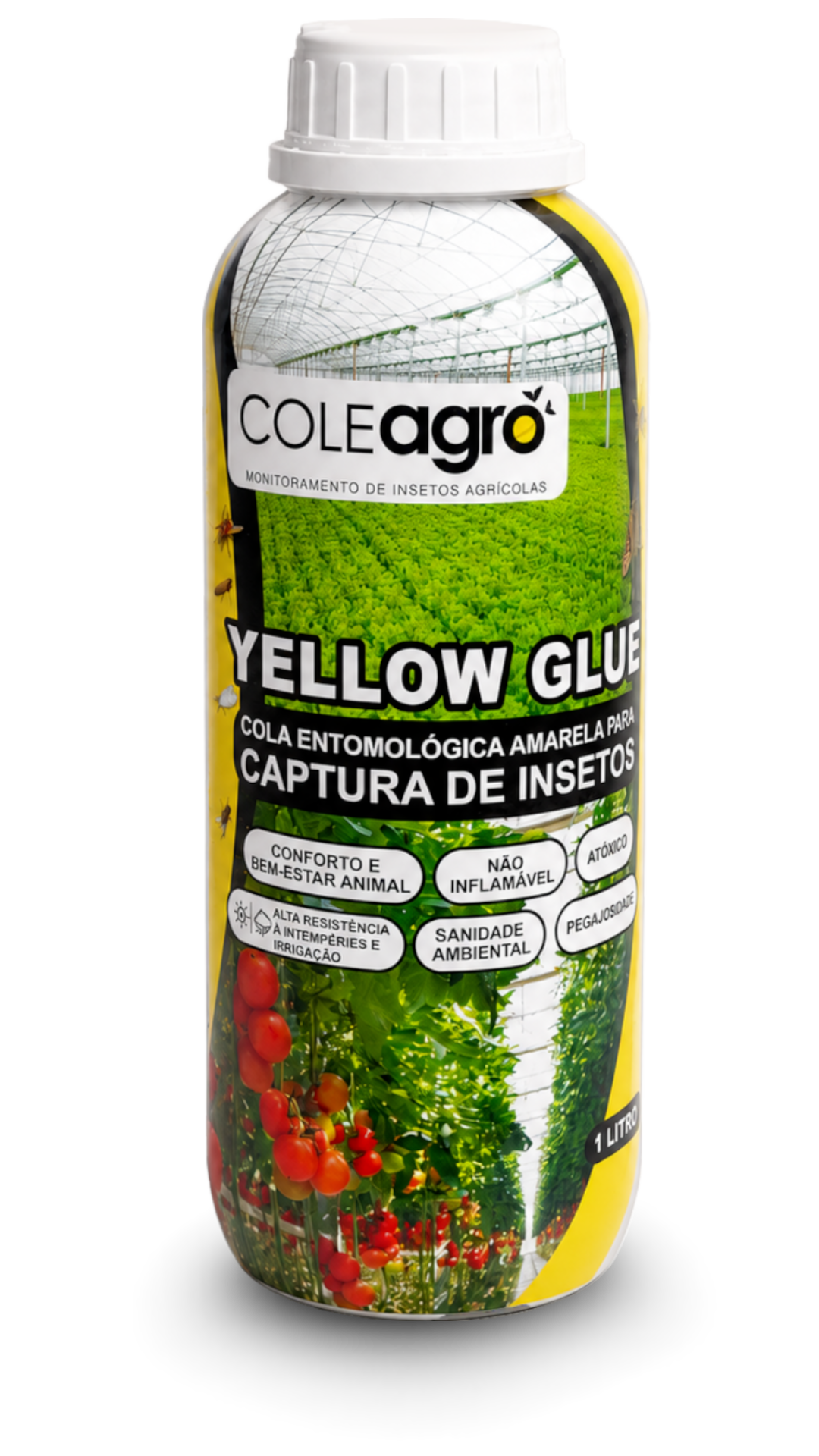Yellow Glue Cola Entomológica AMARELA Captura Massiva de Insetos Voadores Yellow Glue é uma cola Amarela líquida pronta para uso, indicada para o preparo de armadilhas adesivas de grande porte para monitoramento e captura massiva de insetos voadores que são pragas no Agronegócio.